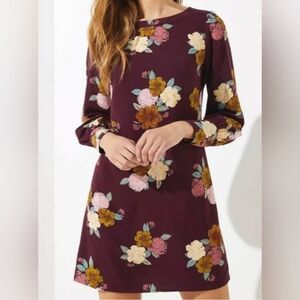 Loft Floral Long Sleeve Burgundy Shift Dress Size 8